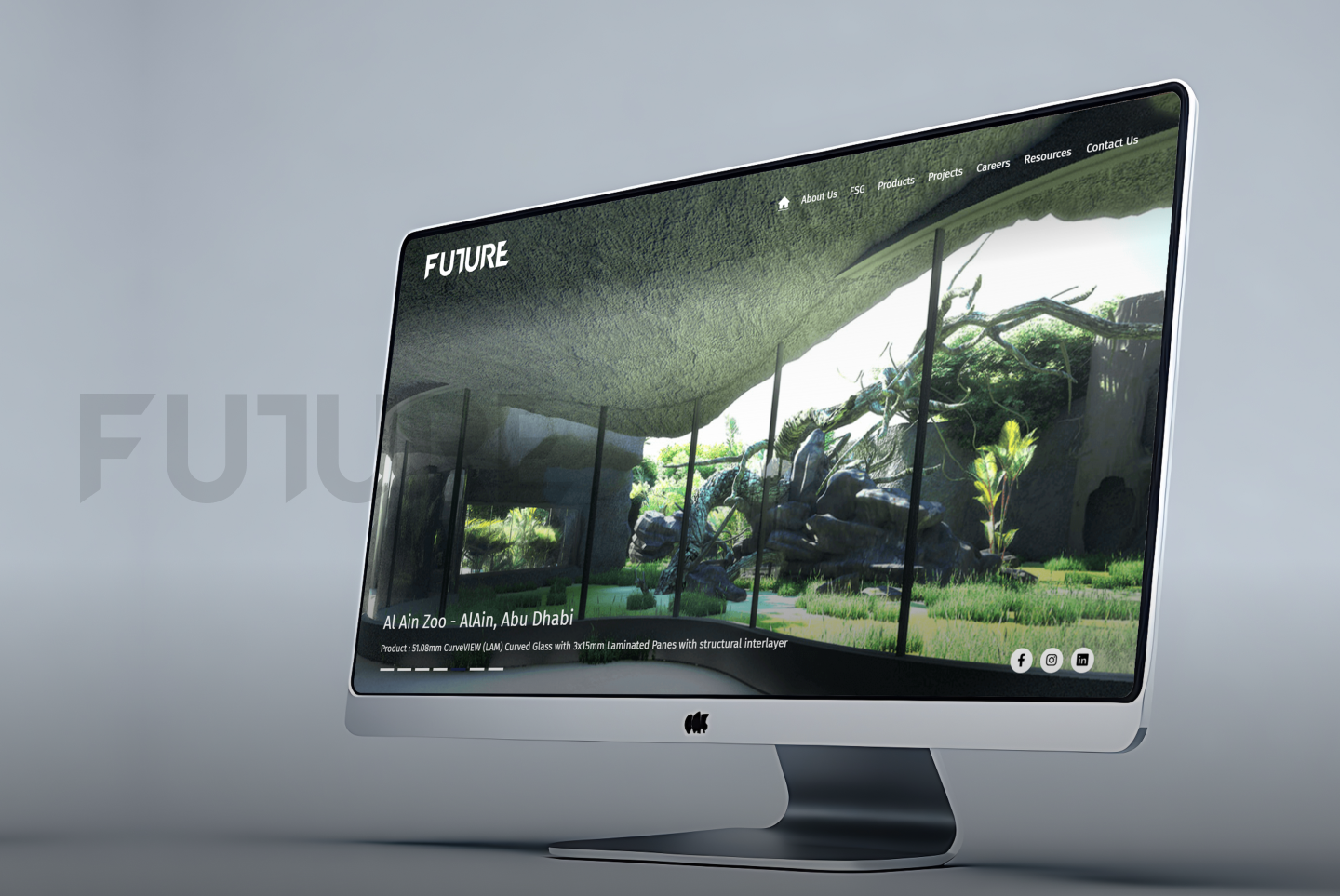Corporate website for Future Glass showcasing fire-rated glass, security glass, and decorative glass solutions.